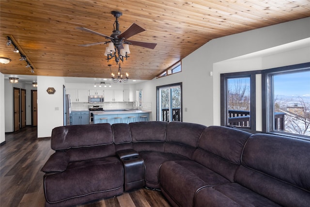 living area with wooden ceiling, ceiling fan, vaulted ceiling, and dark wood-style flooring