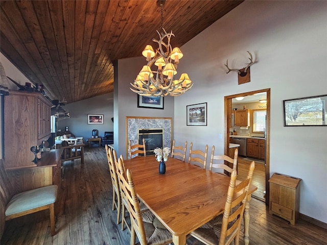 dining space with wooden ceiling, a premium fireplace, hardwood / wood-style floors, vaulted ceiling, and a chandelier