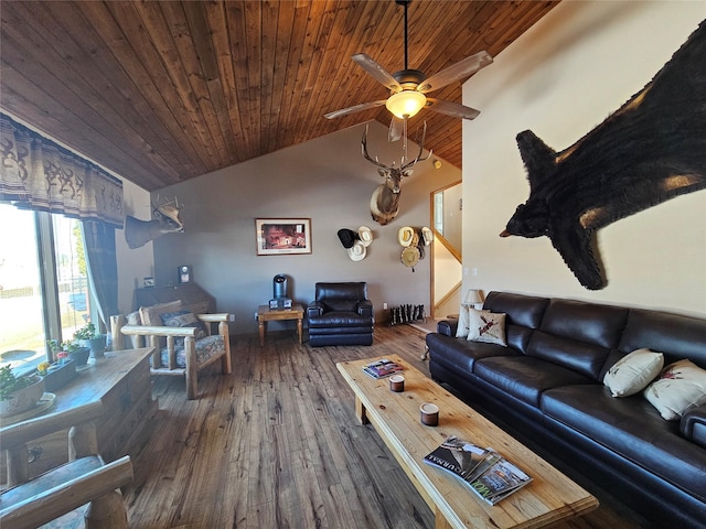 living room featuring high vaulted ceiling, hardwood / wood-style flooring, wood ceiling, a ceiling fan, and stairway