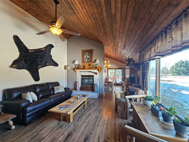 living room with a tiled fireplace, wooden ceiling, ceiling fan, wood finished floors, and vaulted ceiling