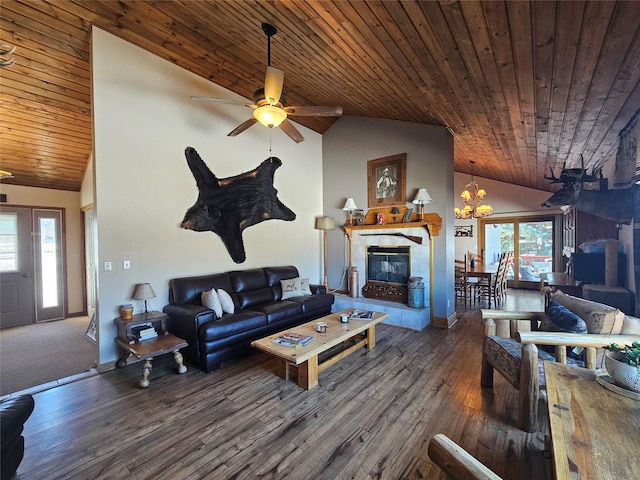 living area featuring wooden ceiling, high vaulted ceiling, a fireplace, and hardwood / wood-style flooring