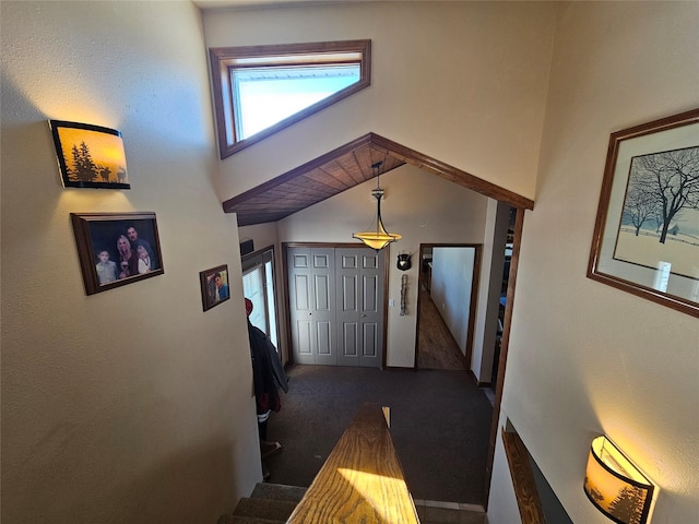 carpeted entrance foyer with a high ceiling