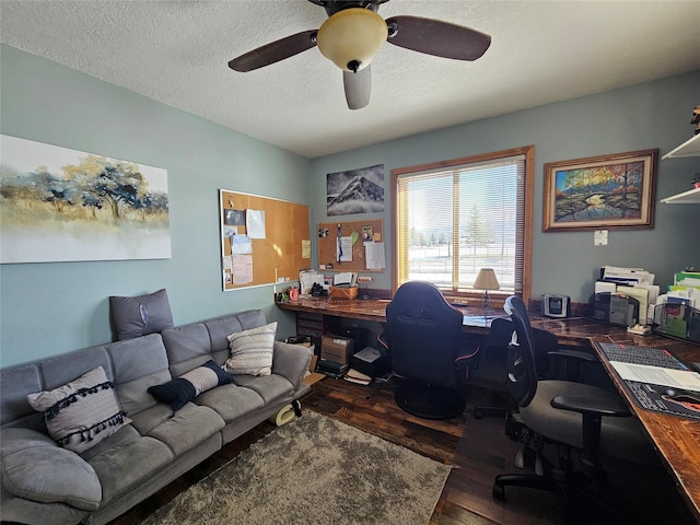 office area featuring a textured ceiling, wood finished floors, and a ceiling fan