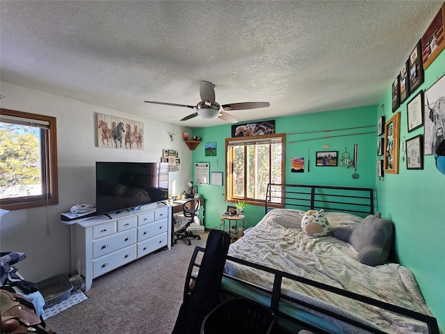 carpeted bedroom with a ceiling fan, multiple windows, and a textured ceiling