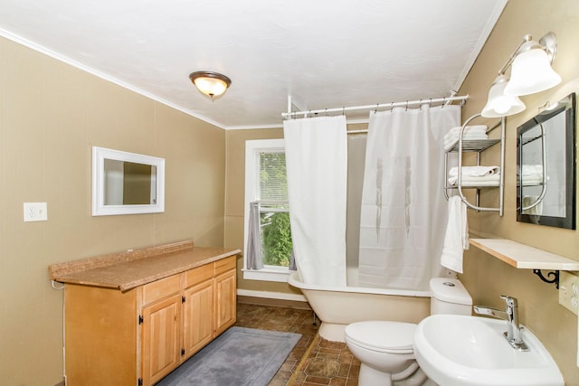 full bathroom with a sink, toilet, and crown molding