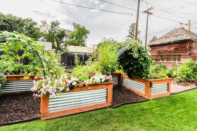 view of yard featuring fence and a vegetable garden