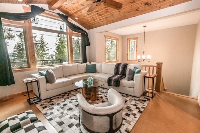 living room with vaulted ceiling with beams, wooden ceiling, baseboards, and ceiling fan with notable chandelier