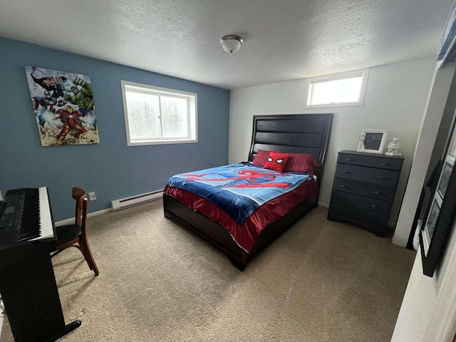 carpeted bedroom featuring a baseboard radiator, baseboards, and a textured ceiling