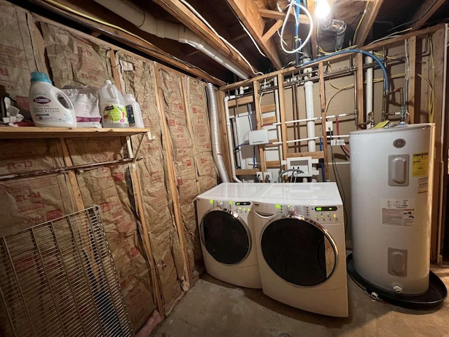 interior space with water heater, laundry area, and washing machine and clothes dryer