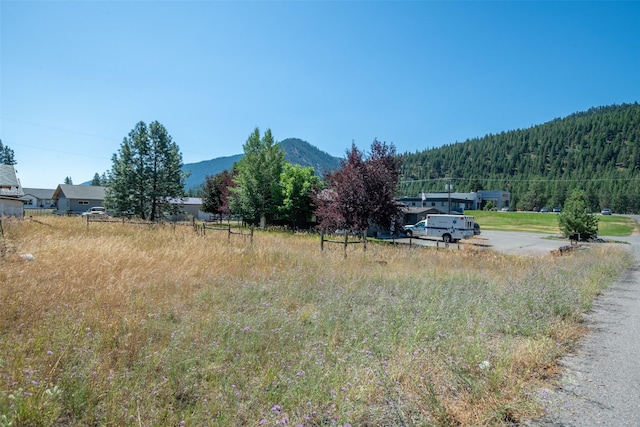 view of yard with a mountain view and a view of trees