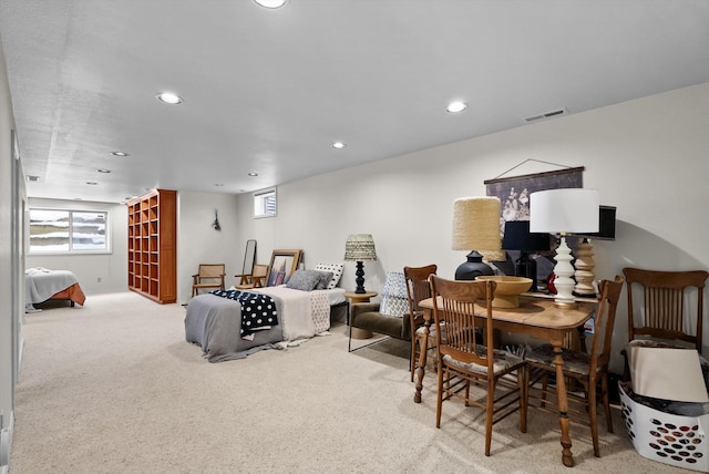 bedroom with carpet, visible vents, and recessed lighting