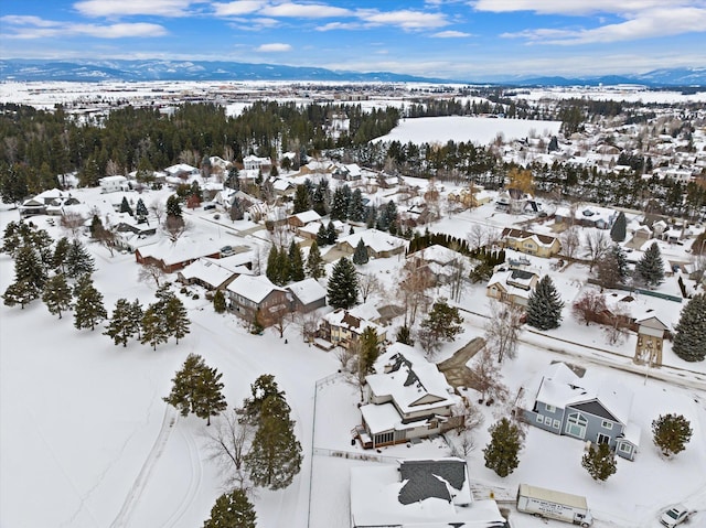 snowy aerial view featuring a residential view and a mountain view