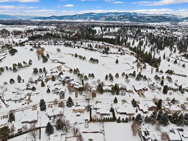 snowy aerial view with a mountain view