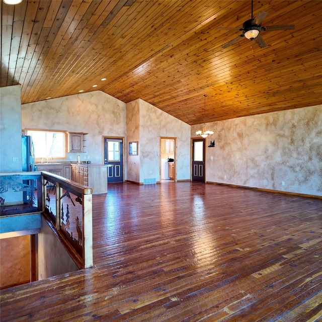3 Paradise Ridge Rd, Clancy, MT 59634 - unfurnished living room featuring lofted ceiling, dark wood finished floors, ceiling fan, wood ceiling, and a sink