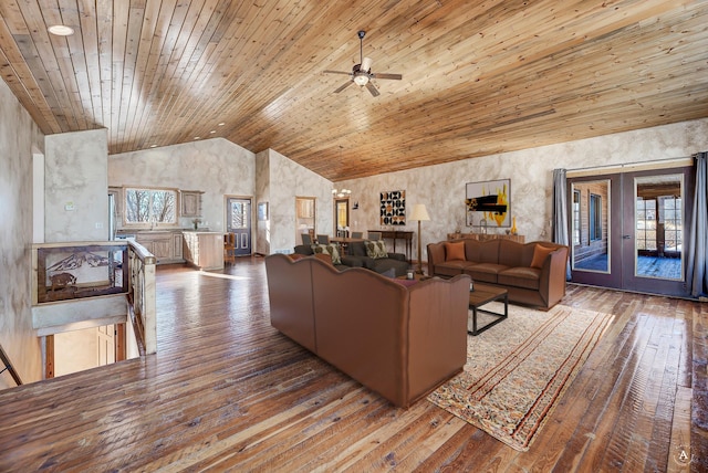 3 Paradise Ridge Rd, Clancy, MT 59634 - living room with wooden ceiling, vaulted ceiling, hardwood / wood-style flooring, a ceiling fan, and french doors