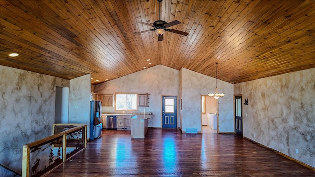 3 Paradise Ridge Rd, Clancy, MT 59634 - unfurnished living room featuring a chandelier, a ceiling fan, wooden ceiling, dark wood finished floors, and high vaulted ceiling