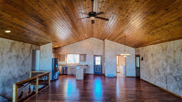 3 Paradise Ridge Rd, Clancy, MT 59634 - unfurnished living room featuring a chandelier, a ceiling fan, wood ceiling, dark wood finished floors, and high vaulted ceiling