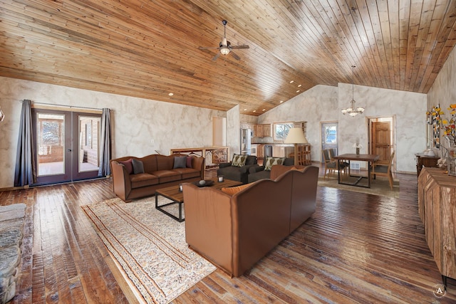 3 Paradise Ridge Rd, Clancy, MT 59634 - living area featuring wood-type flooring, wooden ceiling, vaulted ceiling, a ceiling fan, and french doors