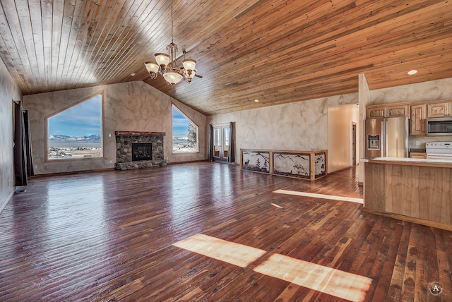 3 Paradise Ridge Rd, Clancy, MT 59634 - unfurnished living room featuring wooden ceiling, a chandelier, vaulted ceiling, dark wood-style flooring, and a stone fireplace