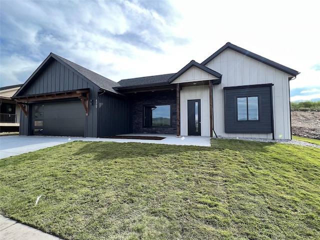 modern farmhouse with an attached garage, board and batten siding, and a front yard