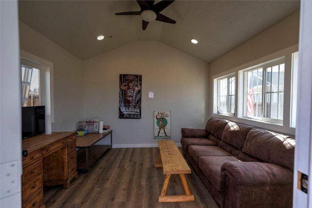 living room with lofted ceiling, dark wood-style flooring, recessed lighting, and baseboards