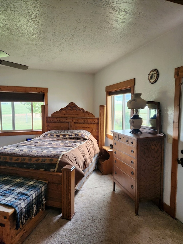 carpeted bedroom with multiple windows and a textured ceiling