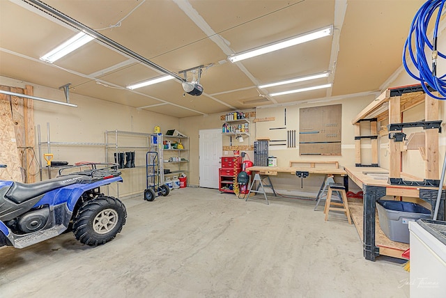 garage featuring a workshop area and a garage door opener