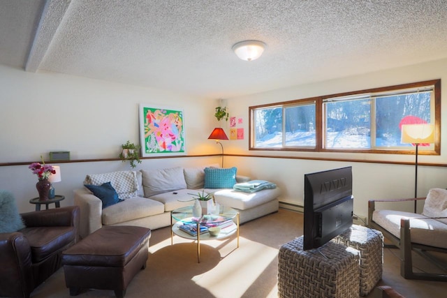 carpeted living area featuring a textured ceiling and a baseboard radiator