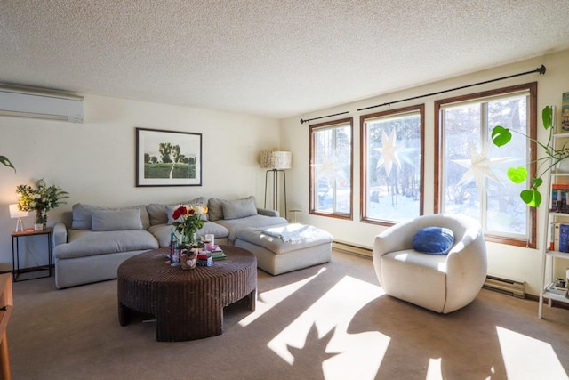 living area featuring carpet floors, an AC wall unit, plenty of natural light, and baseboard heating