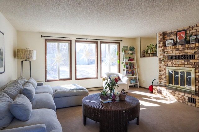 living area with carpet, a textured ceiling, and a fireplace