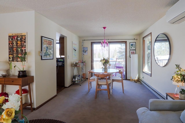 dining area featuring a wall unit AC, a baseboard radiator, carpet floors, and a textured ceiling