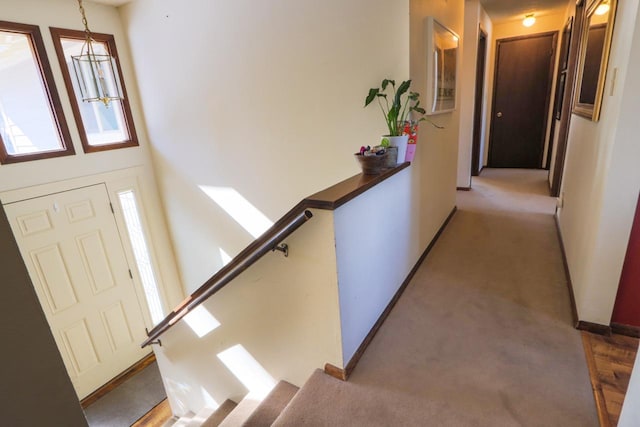 interior space with plenty of natural light, carpet flooring, an upstairs landing, and baseboards