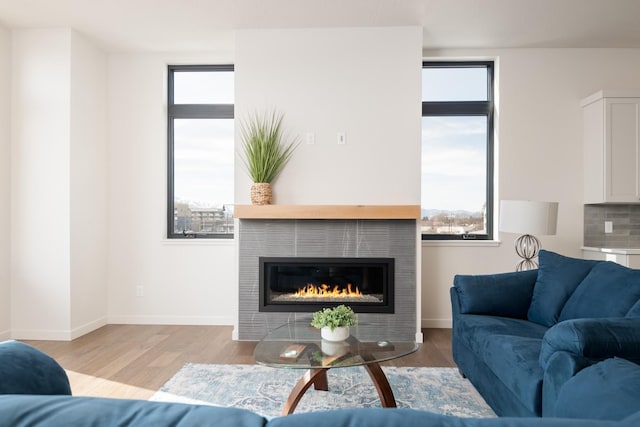 living room featuring a fireplace, baseboards, and wood finished floors