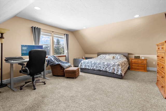 bedroom featuring carpet floors, recessed lighting, baseboards, and lofted ceiling