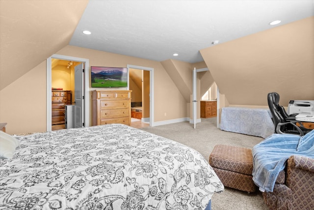 bedroom with recessed lighting, baseboards, vaulted ceiling, and light colored carpet