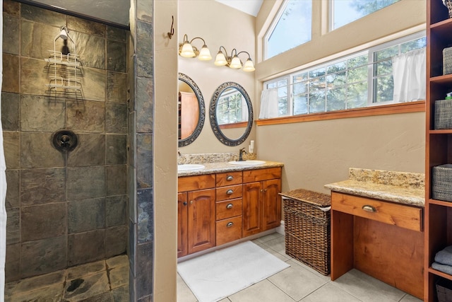 full bath featuring a healthy amount of sunlight, double vanity, a tile shower, and a sink