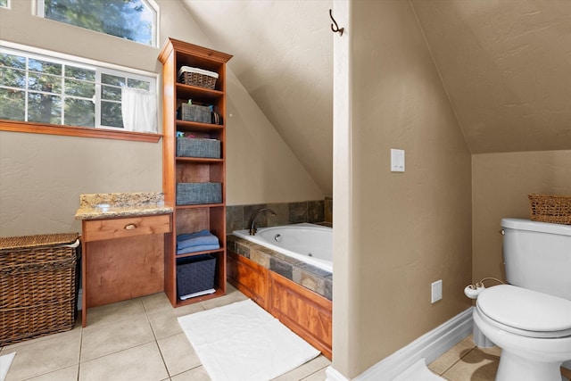 full bath featuring lofted ceiling, tile patterned flooring, a whirlpool tub, and toilet