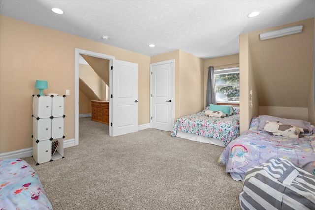 carpeted bedroom featuring lofted ceiling, recessed lighting, and baseboards