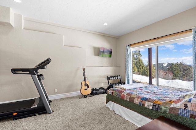 carpeted bedroom with recessed lighting and baseboards