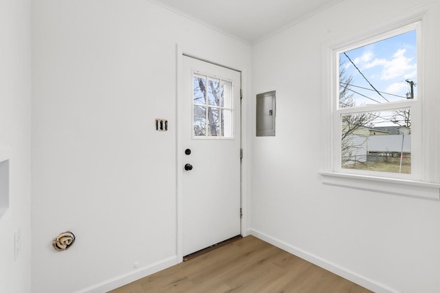 entryway with baseboards, ornamental molding, light wood-style flooring, and a healthy amount of sunlight