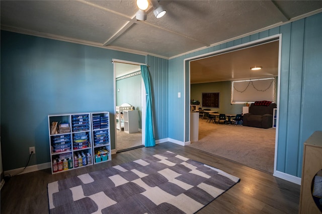 playroom featuring baseboards, ornamental molding, and wood finished floors