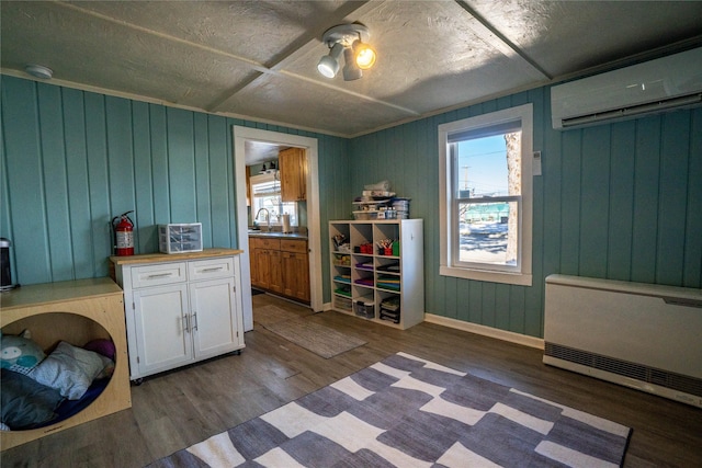 interior space featuring baseboards, dark wood-style flooring, a wall mounted air conditioner, heating unit, and a sink