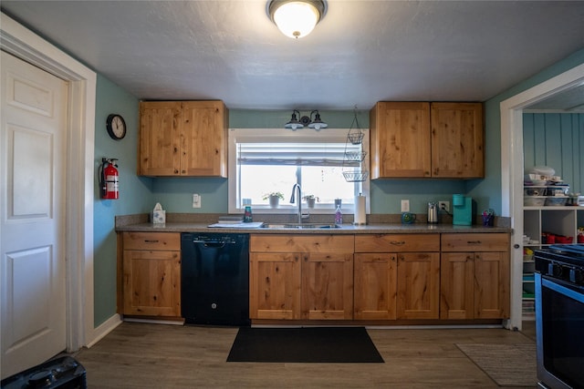 kitchen with range with gas cooktop, dishwasher, a sink, and wood finished floors