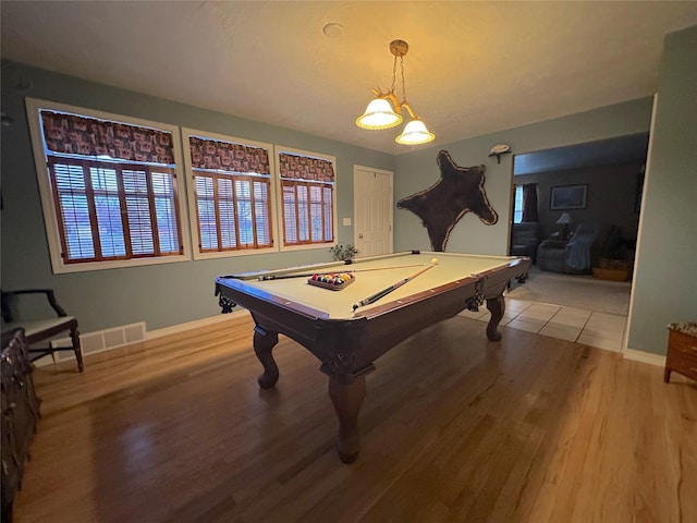 playroom featuring baseboards, billiards, visible vents, and wood finished floors