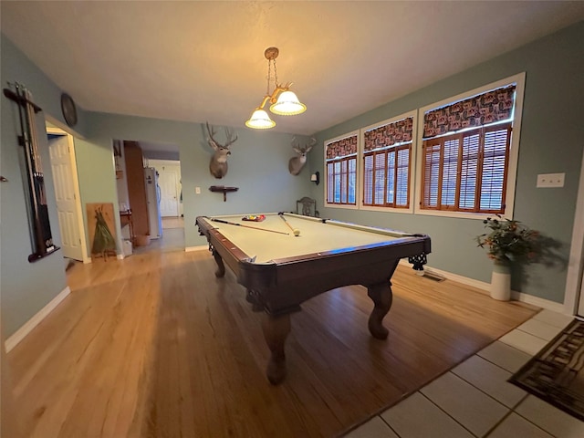 playroom featuring billiards, light wood-style flooring, and baseboards