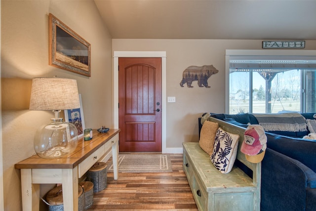 entrance foyer with baseboards and wood finished floors