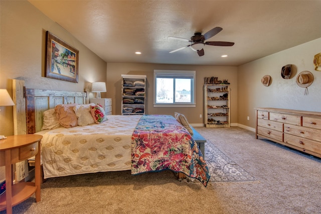 carpeted bedroom with recessed lighting, ceiling fan, and baseboards