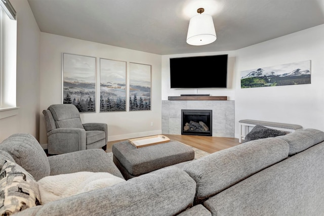 living area with a fireplace and wood finished floors