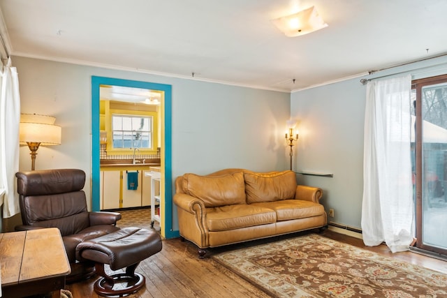 living area featuring ornamental molding, a wealth of natural light, and hardwood / wood-style floors