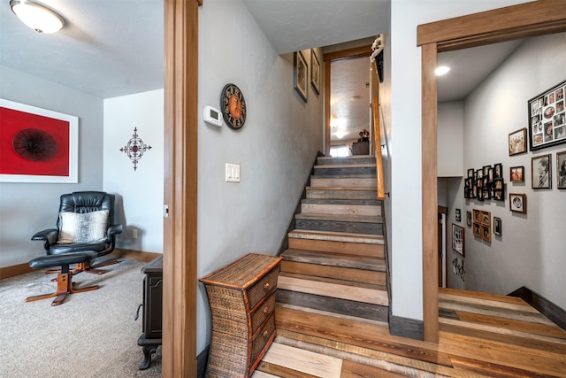 staircase featuring carpet